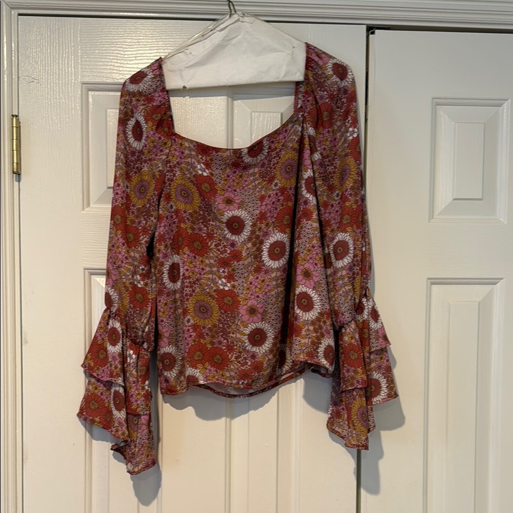 Peach Love California Asymmetrical Ruffled Blouse Red and Orange